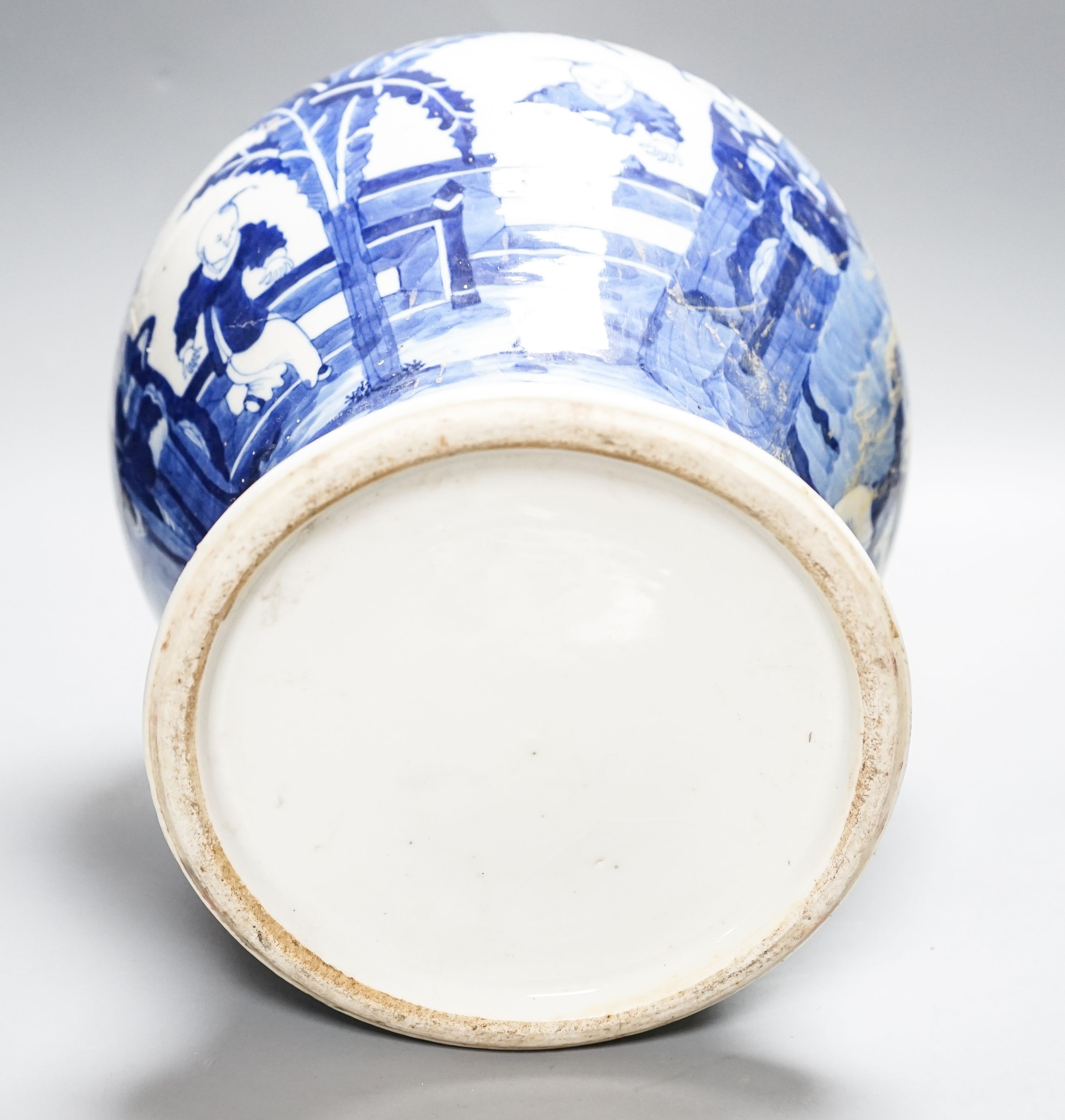 A large 19th century Chinese blue and white vase, damaged 31cm